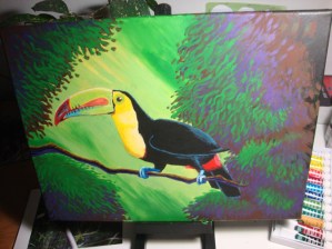 Starting to add more definition to foliage. Some highlights to the toucan as well.